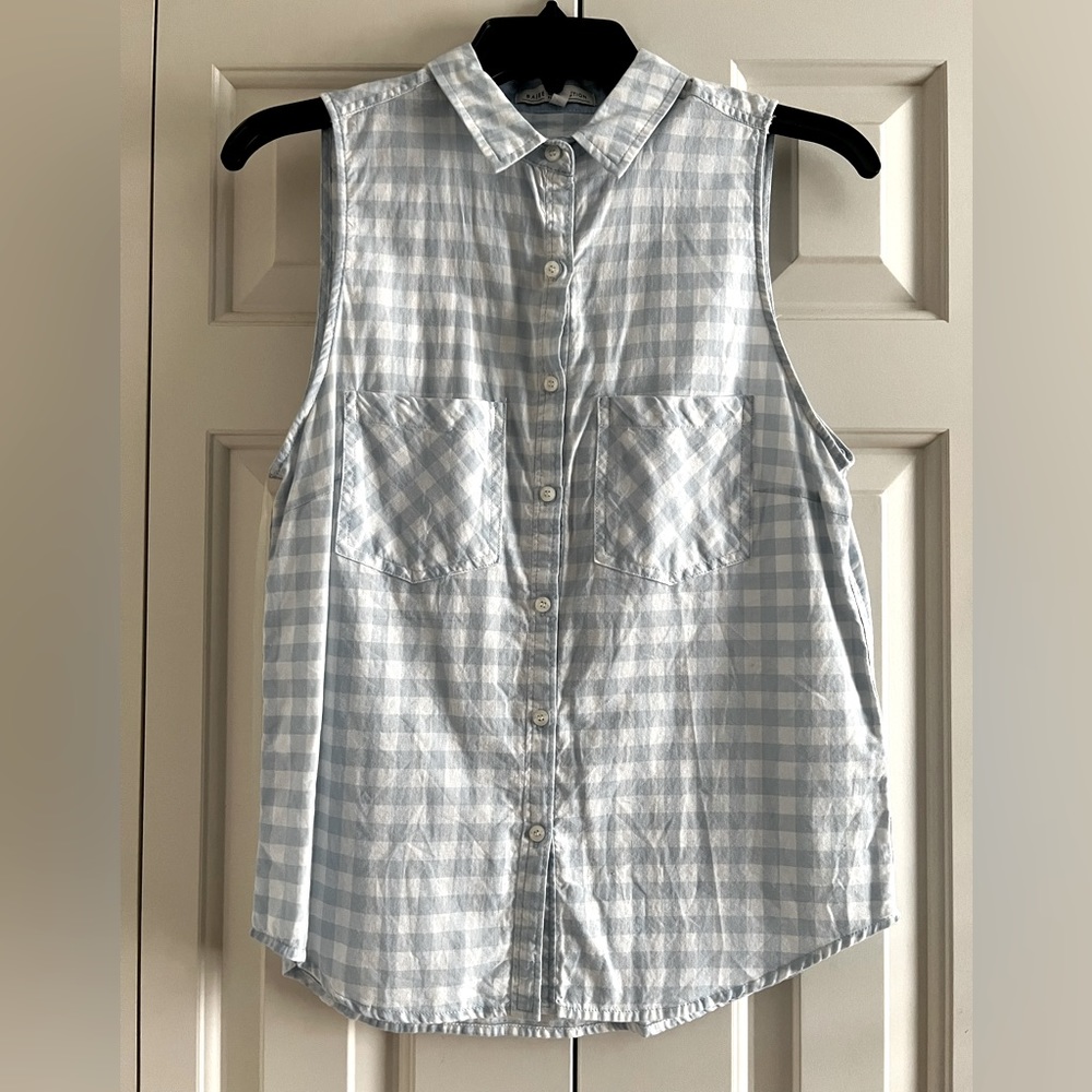 Blue and White Sleeveless Gingham Blouse size